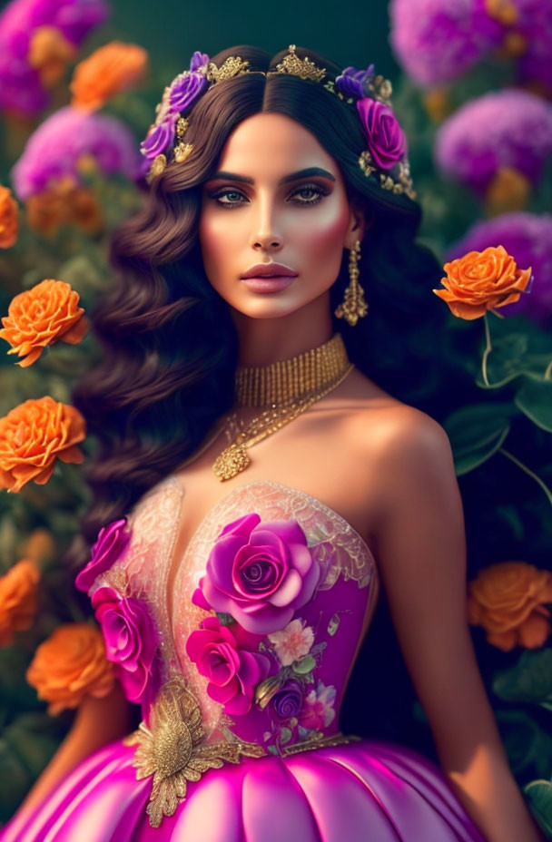 Floral Crown Woman Standing Among Vibrant Flowers