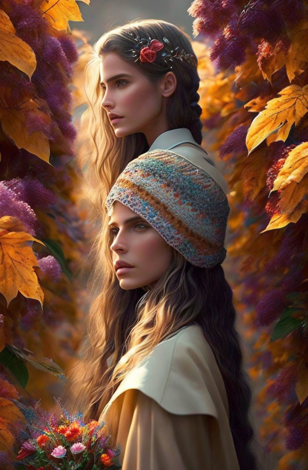 Two women in autumn leaves, one with floral headpiece, the other in knitted hat.