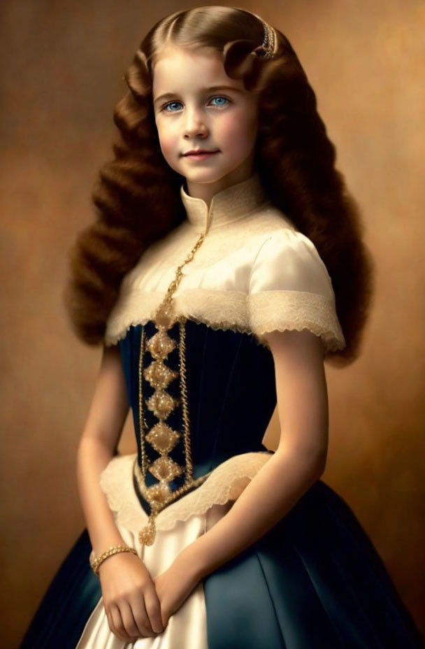 Young girl in vintage-style dress with long wavy hair against sepia backdrop