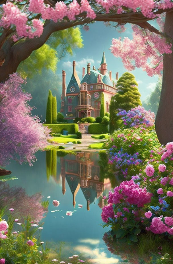 Tranquil garden scenery with blooming flowers and serene pond