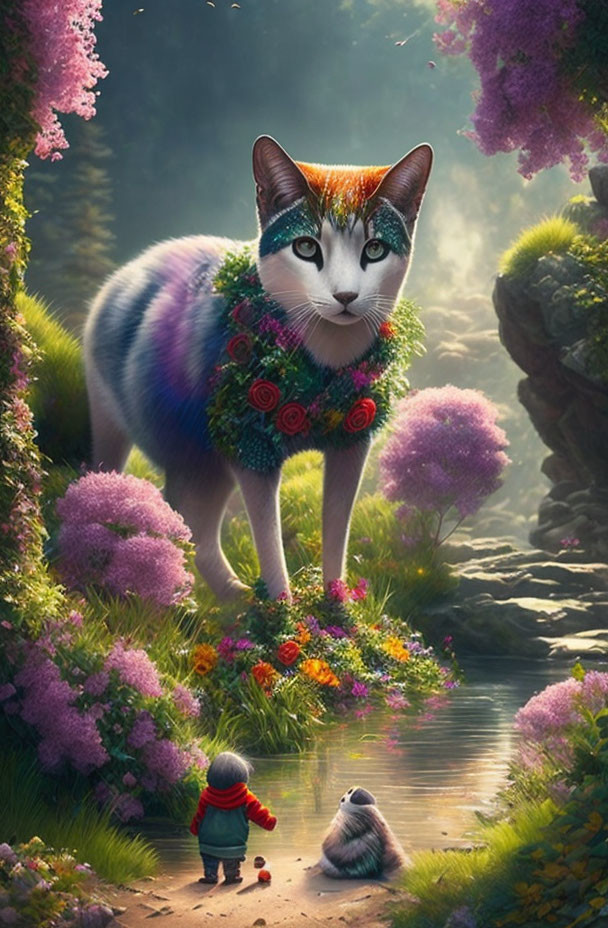 Giant cat with floral collar, child, and raccoon by serene stream in magical forest