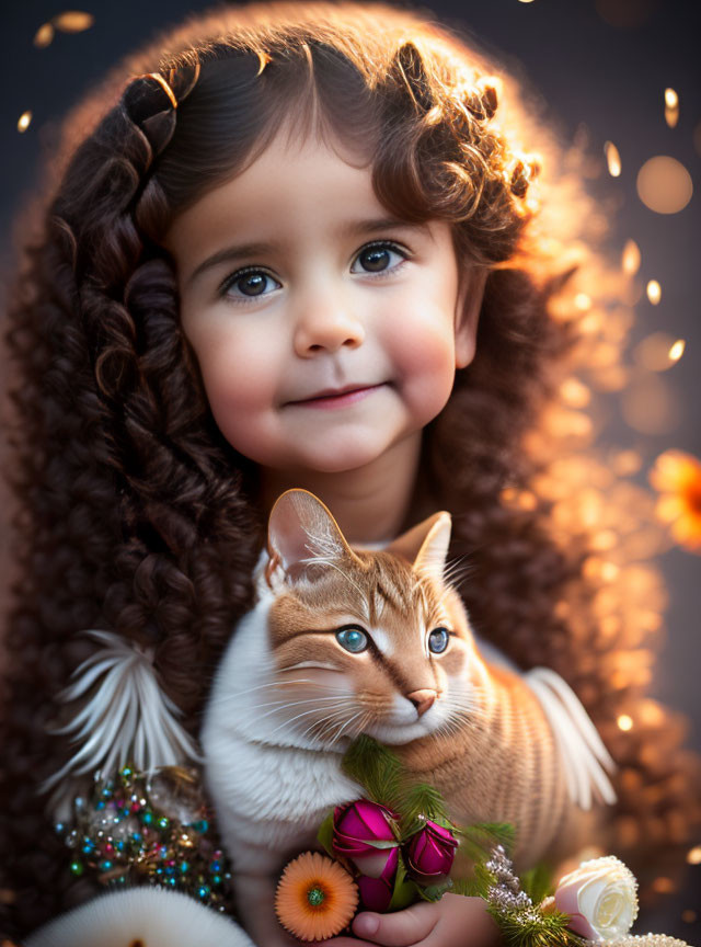 Curly-Haired Girl Smiling with Blue-Eyed Cat in Soft Bokeh Light