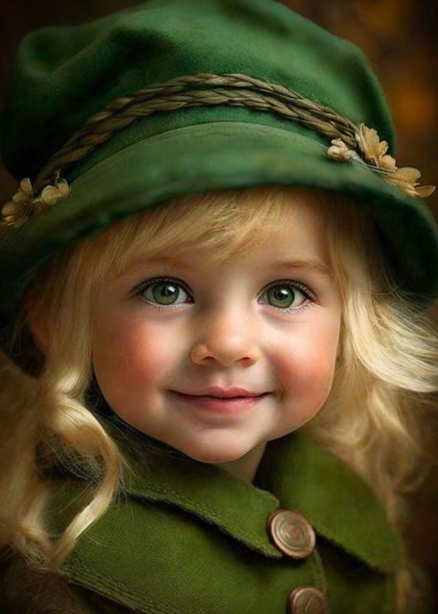 Young child with bright eyes and curly blonde hair in green hat and coat.