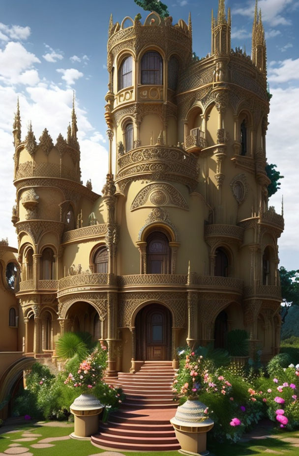 Golden castle with lush greenery and colorful flowers.