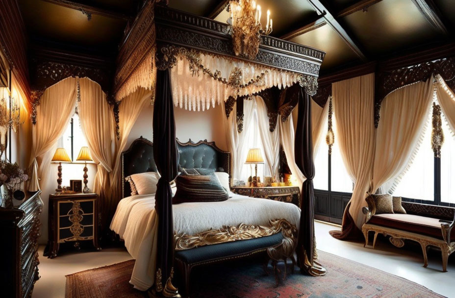 Luxurious Bedroom with Four-Poster Bed, Ornate Furniture, Chandelier