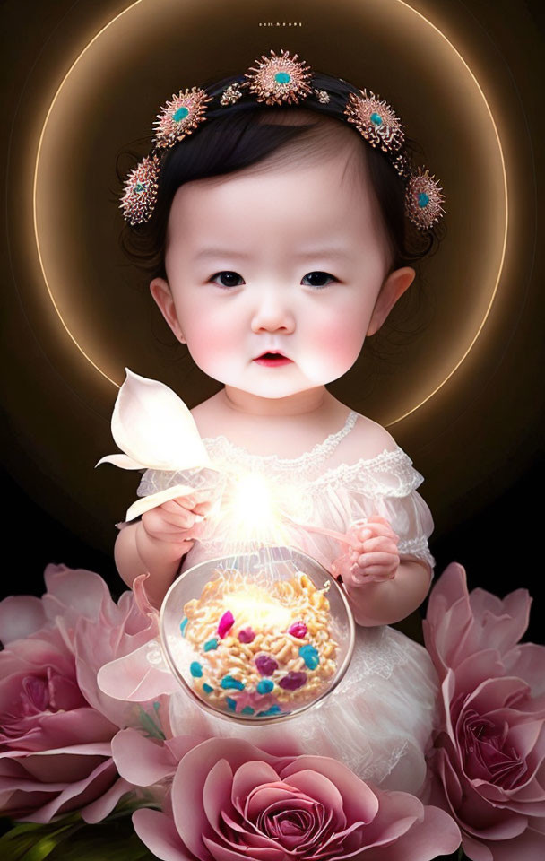 Baby in Floral Headband Holding Glowing Bowl Surrounded by Roses