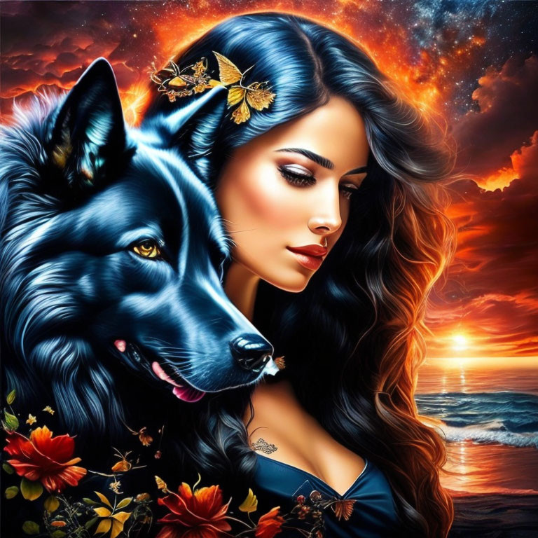 Dark-haired woman and black dog under sunset sky by ocean.