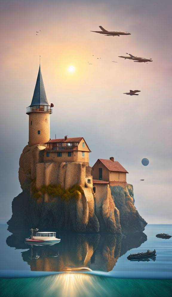 Castle on Cliff Overlooking Boats at Sunrise