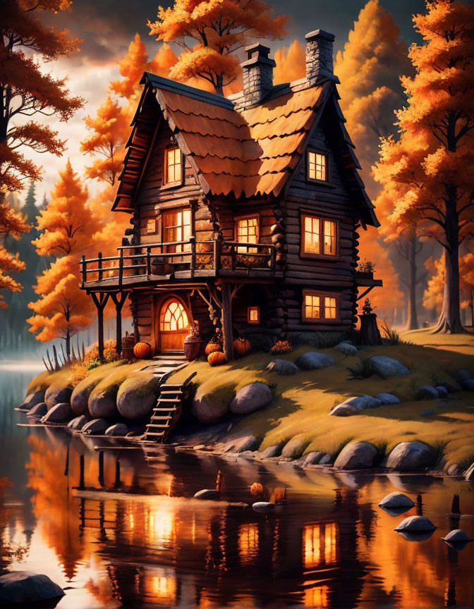 Charming two-story wooden cottage by river at twilight