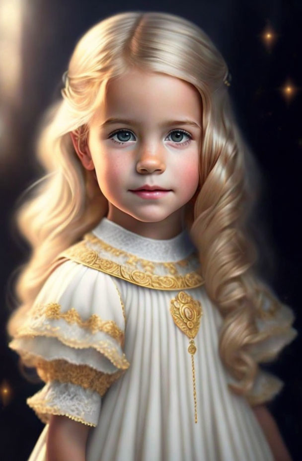 Blonde Curled Girl in Cream Dress with Starry Background