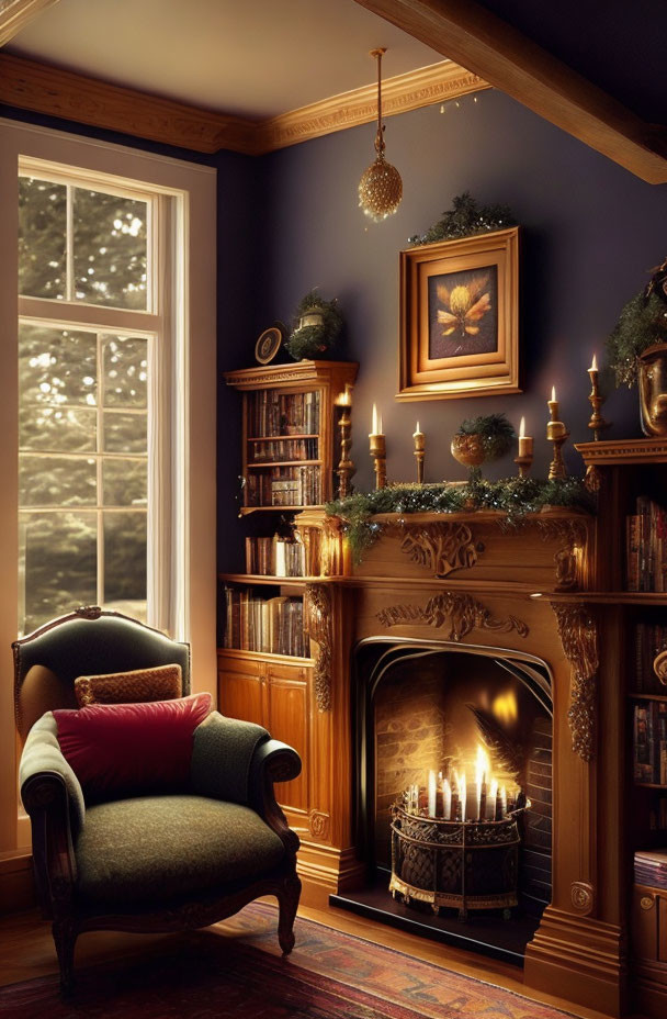 Inviting room with fireplace, bookshelves, armchair, and tree view