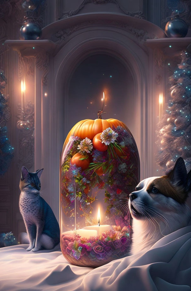 Cat and dog with pumpkin and candle in magical room.