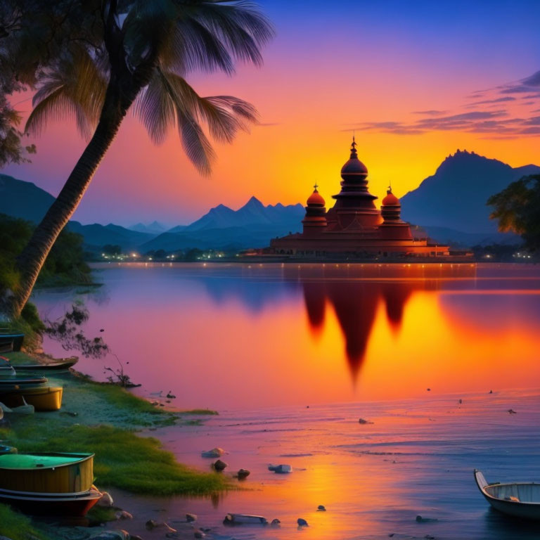 Tranquil sunset scene with temple silhouette, mountain backdrop, and lakeside boats