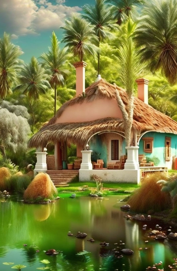 Tranquil tropical scene with thatched-roof cottage amid lush greenery