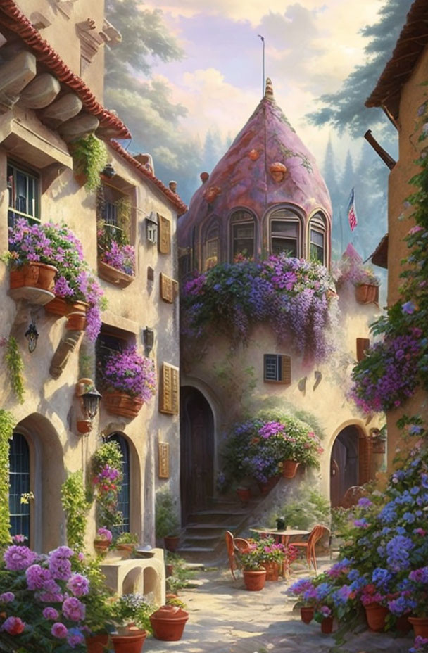 Sunlit cobblestone street with terracotta roofs and purple flowers.