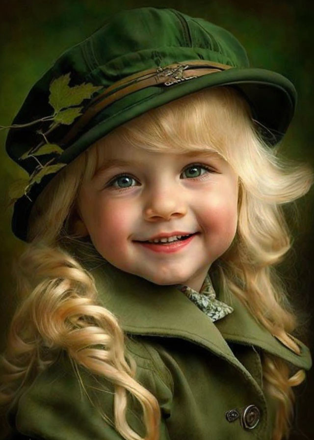 Young child with curly blonde hair and green hat in military-style coat