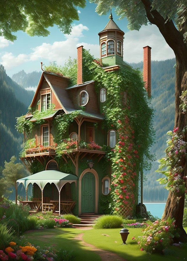 Whimsical multi-story house with ivy, trees, flowers, and lake