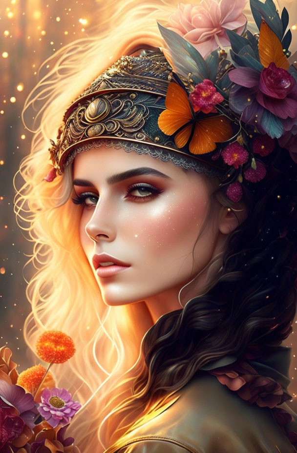 Illustration of woman with golden headpiece, flowers, curly blond hair, and sunlit glow.