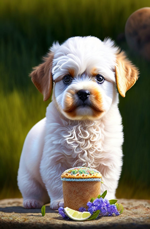 Fluffy White and Tan Puppy with Cake and Lime Slices on Green Background