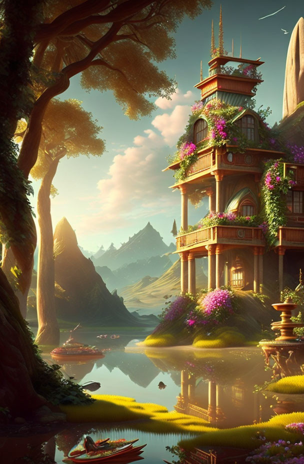 Fantasy landscape with pagoda building, lush flora, serene water, and distant mountains.