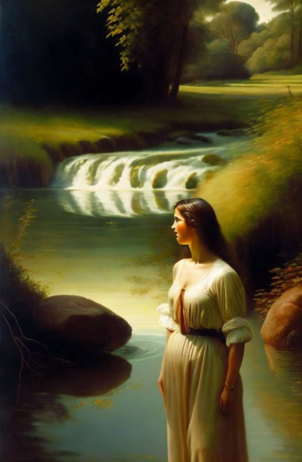 Woman in White Dress Contemplating by Serene Waterfall