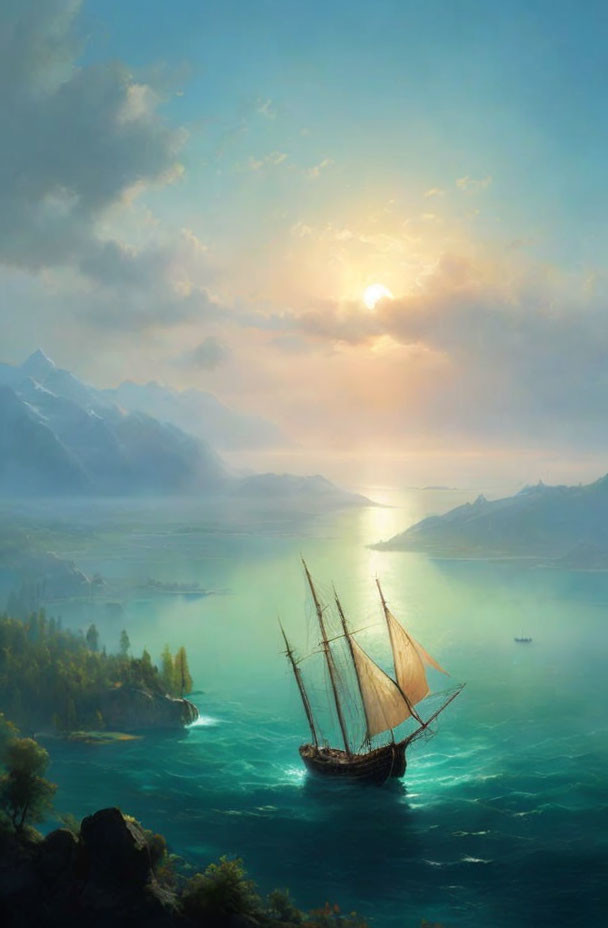 Tranquil sunrise seascape with sailing ship, green islands, and misty mountains