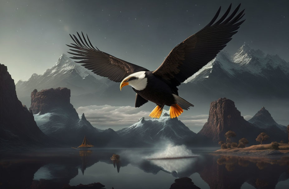 Eagle soaring over serene lake, snow-capped mountains, twilight sky