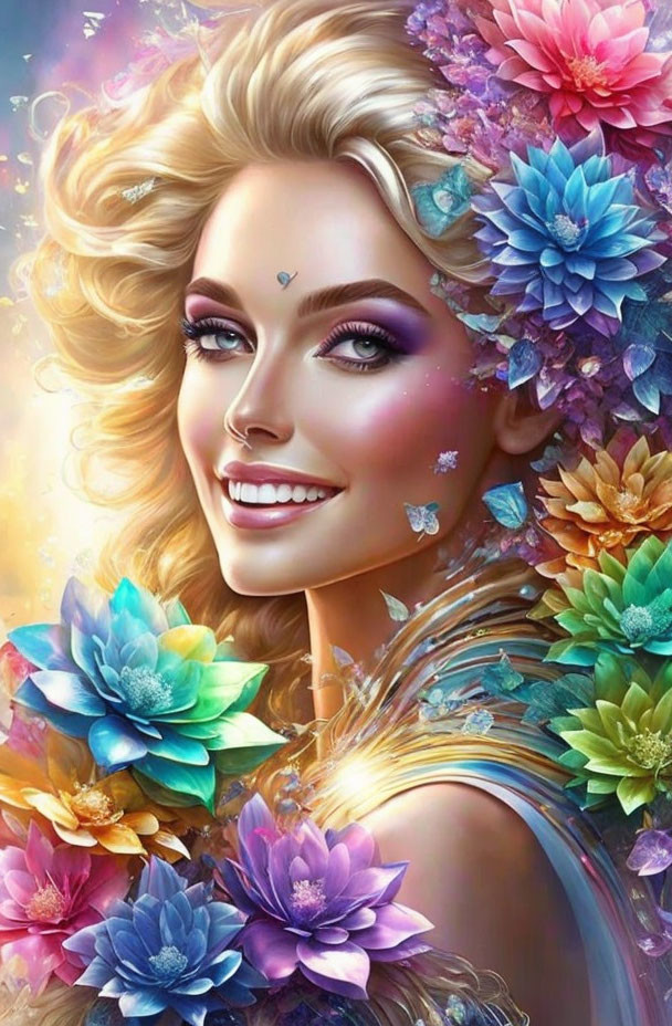 Colorful portrait of a smiling woman with blue eyes, surrounded by flowers and butterflies