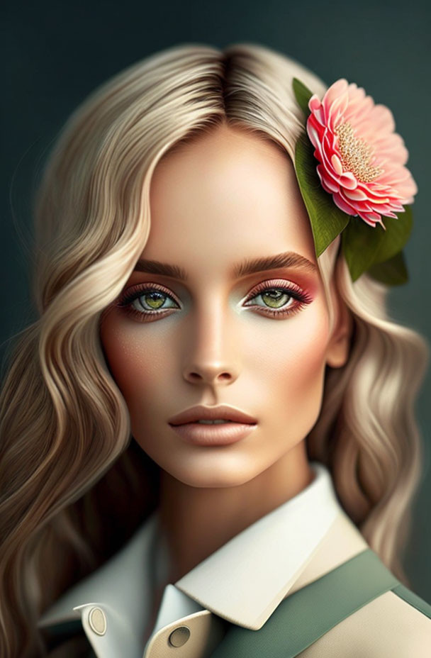 Blonde woman with green eyes and pink flower in hair wearing beige coat