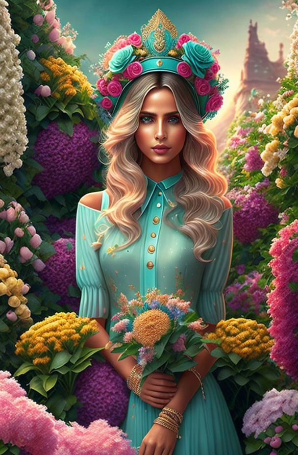 Fantasy portrait of woman with blonde hair in turquoise dress, floral crown, holding flowers, with castle