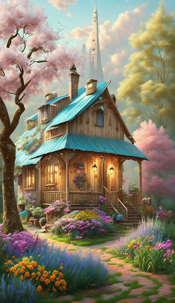 Wooden Cottage with Blue Roof Surrounded by Flower Gardens and Pink Blossoms