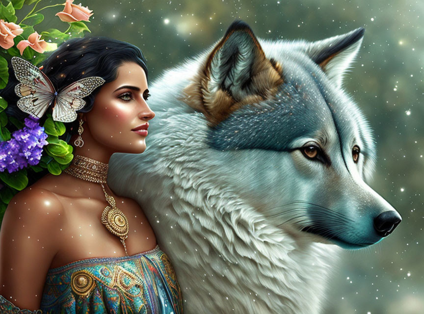 Woman with dark hair, flowers, wolf, butterfly, and greenery portrait.