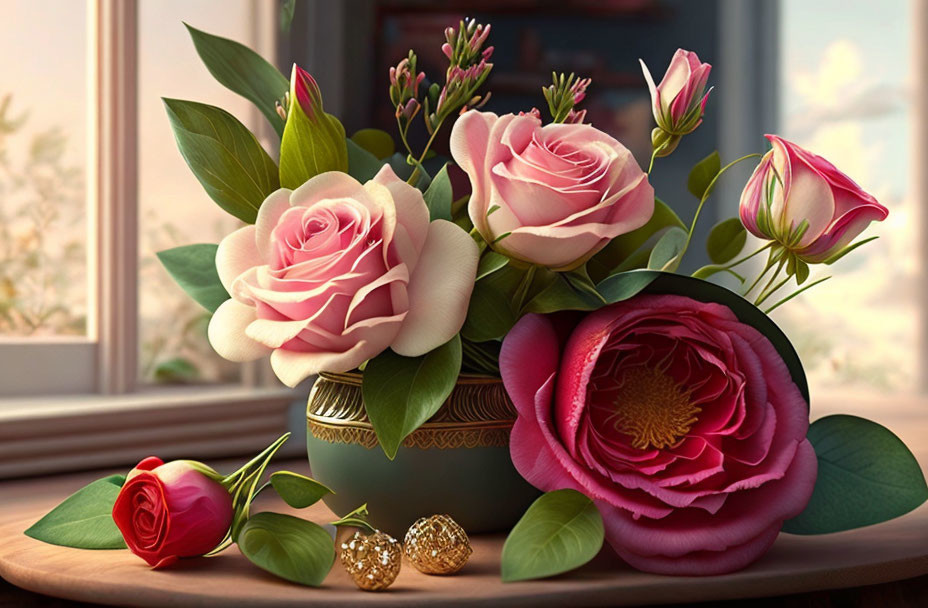 Pink roses and flowers in golden vase on wooden surface with sunlight filtering through