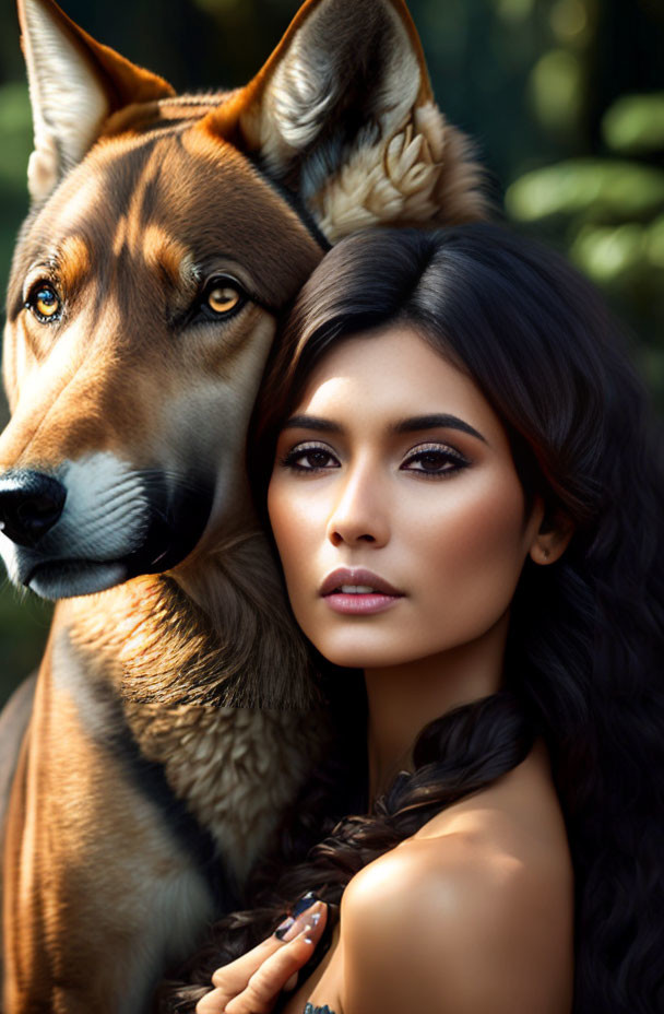 Dark-haired woman and dog with erect ears pose closely together.