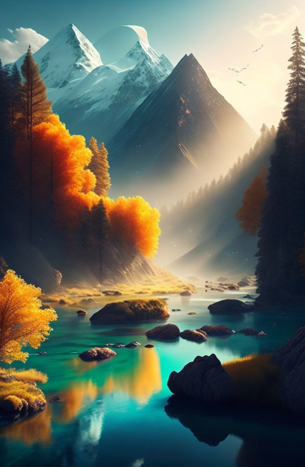 Tranquil landscape: turquoise river, autumn trees, rocks, mountain view