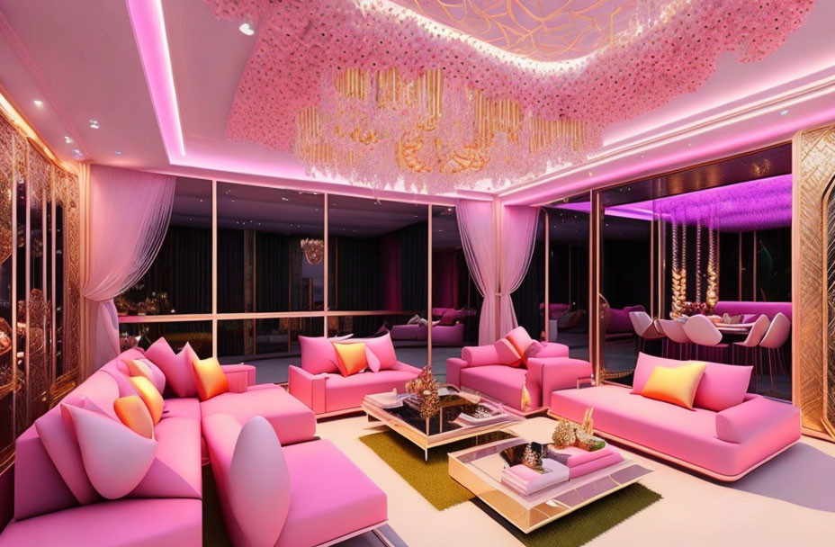 Luxurious Pink-themed Lounge with Plush Sofas & Golden Accents