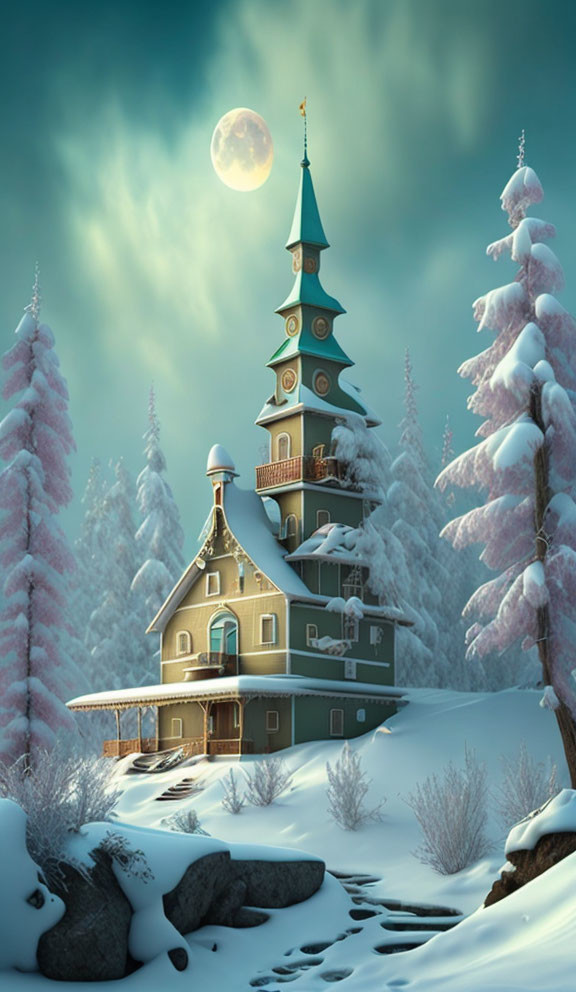 Snowy landscape with multi-tiered house and spire under full moon