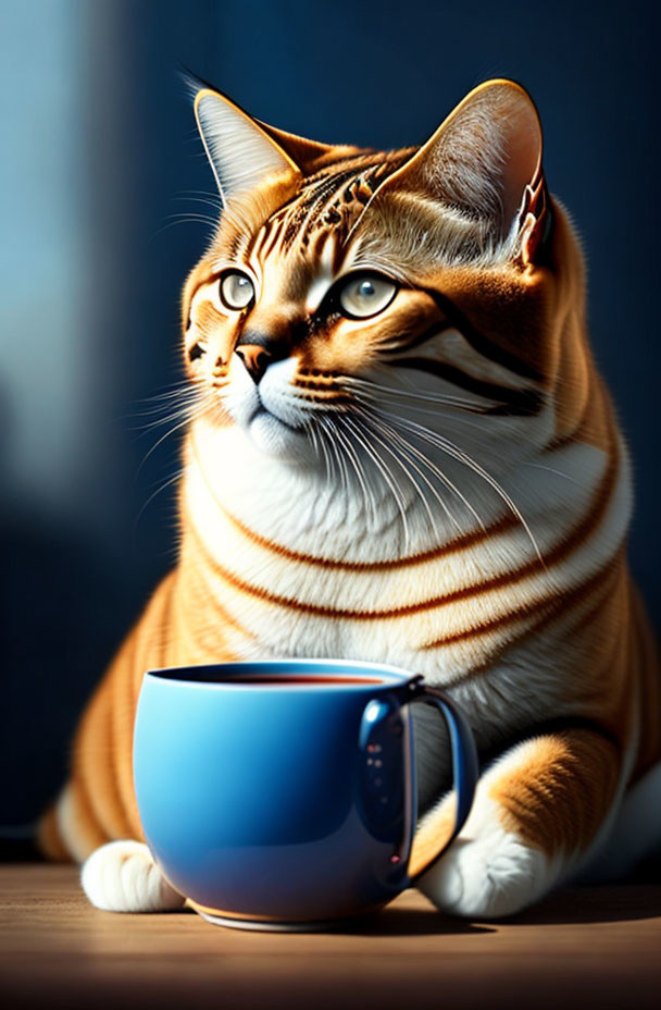 Plump striped cat beside blue mug in dramatic sunlight portrait