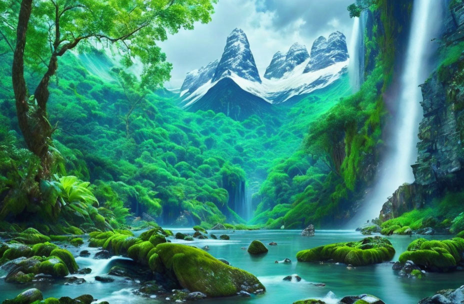 Tranquil landscape with waterfall, forest, river, rocks, and mountains