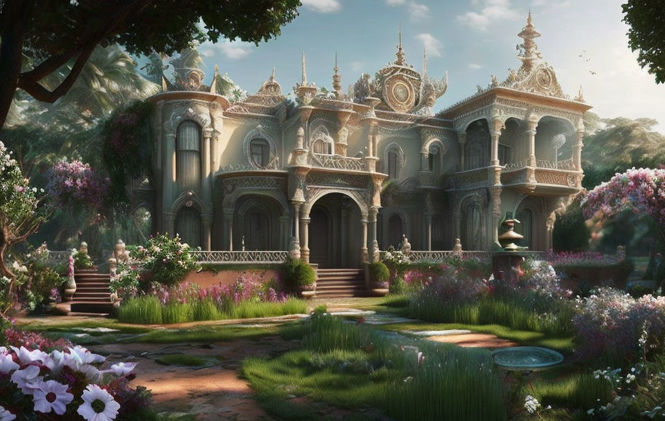 Luxurious fairy-tale mansion with lush gardens and vibrant flowers