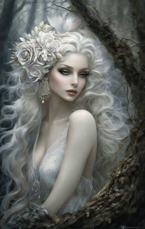 Ethereal woman with white hair and floral accessory in misty forest