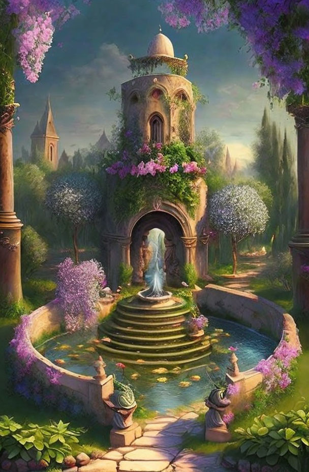 Enchanting garden with fountain, blooming flowers, and stone tower under magical light