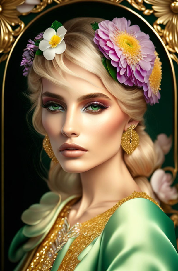 Blonde woman portrait with floral hair accessories, green outfit, and gold earrings on floral background.