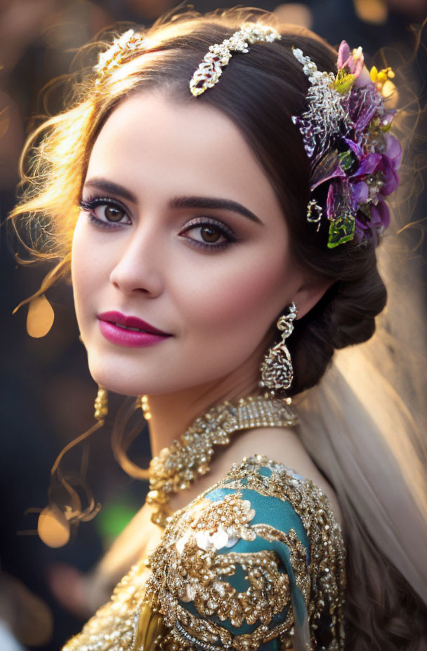 Elaborate updo hairstyle with floral decoration and golden jewelry in ornate outfit