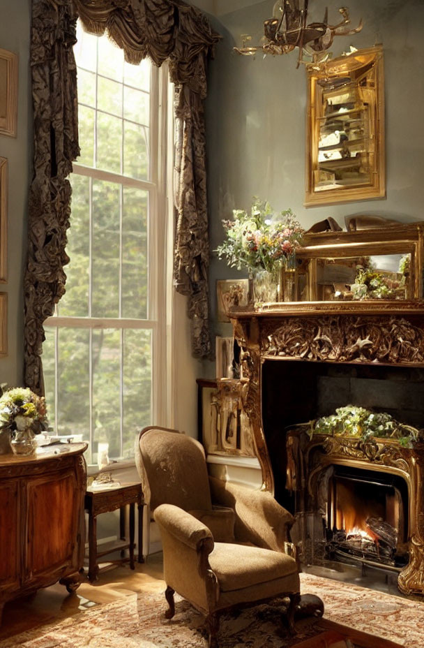 Vintage Room with Ornate Wooden Furniture, Plush Chair, Fireplace, Flowers, and Warm Lighting