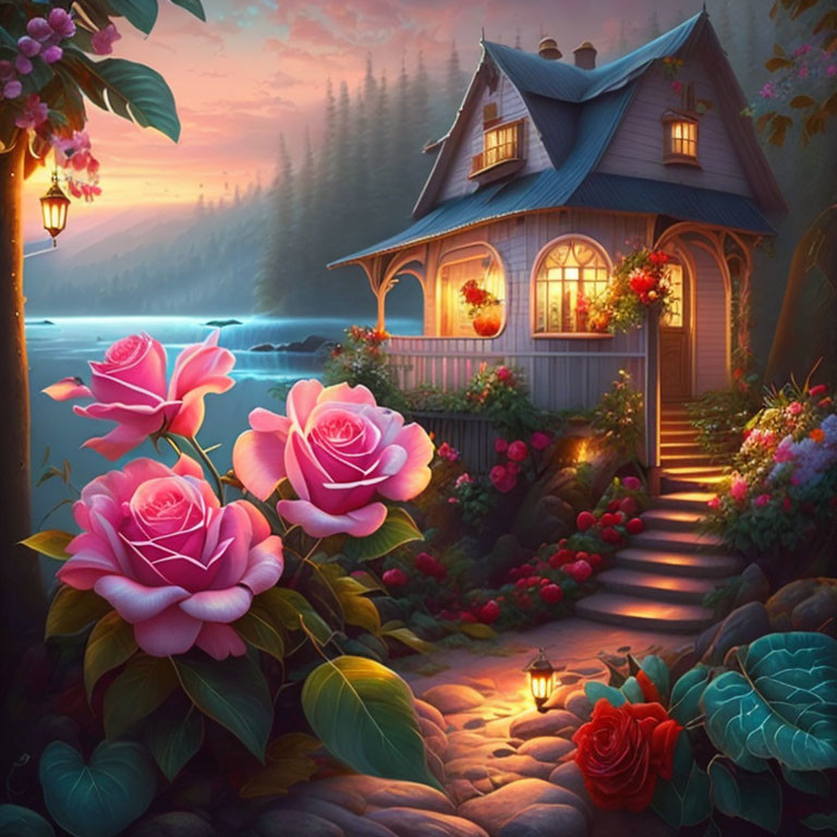 Glowing Windows Cottage in Vibrant Rose Garden at Twilight