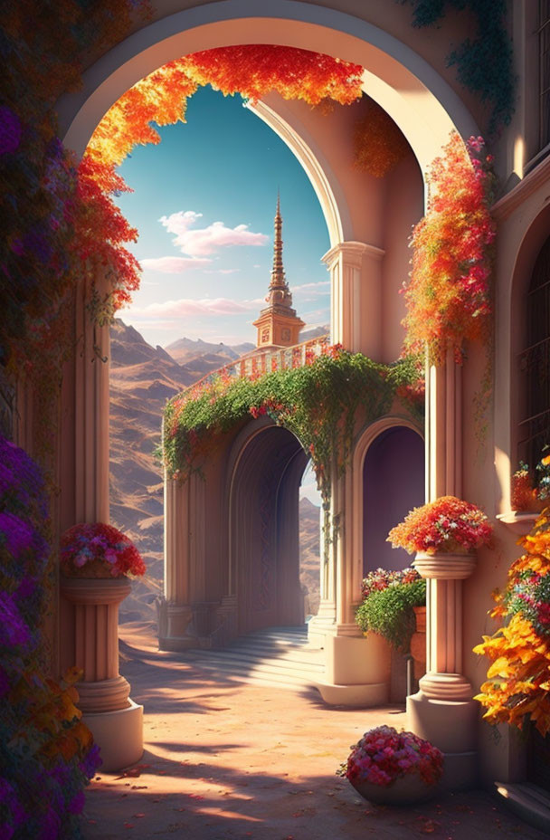 Vibrant autumn foliage in arched corridor with distant building and mountain backdrop