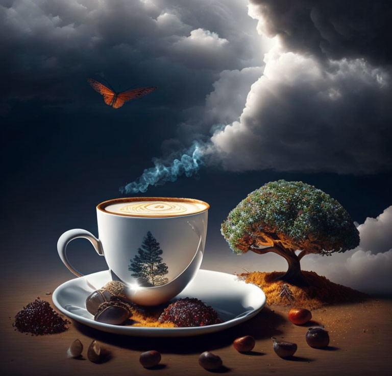 Surreal coffee cup steam tree next to miniature tree under stormy sky