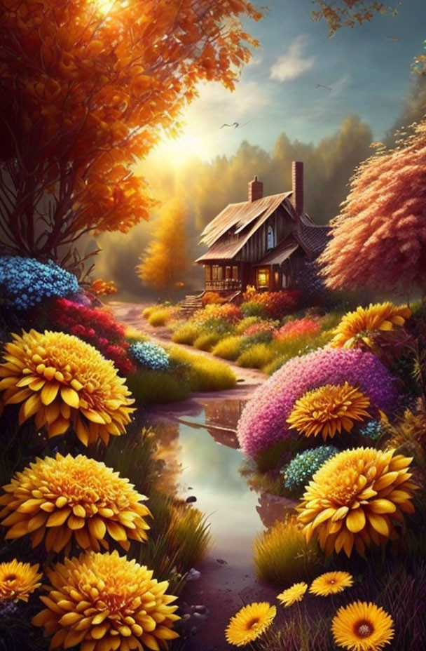 Cozy cottage with vibrant flowers by winding stream at sunrise