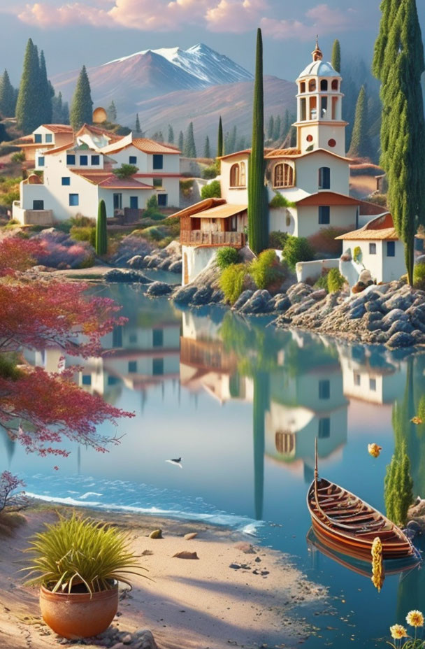 Scenic painting of boat on calm water with village reflection